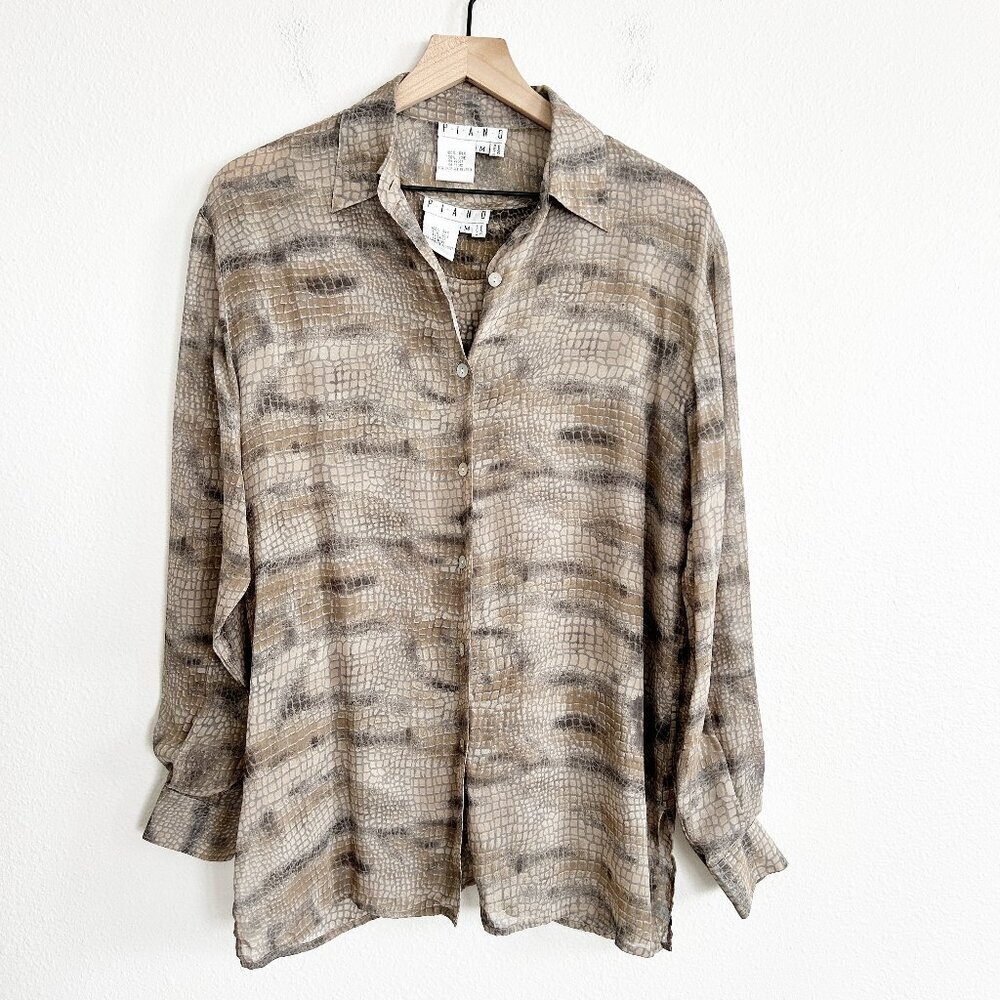 Vintage Piano Silk Shirt & Tank Gray Tan Snakeskin Print Button Down